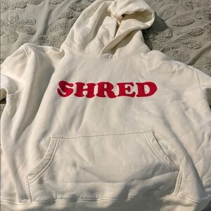 Cream Hoodie Sweatshirt with Red SHRED Graphic